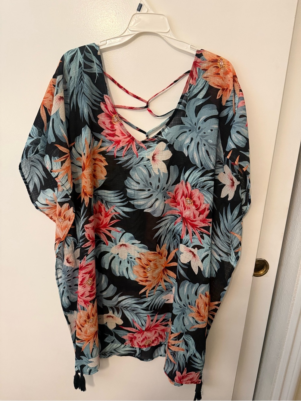 Kona Sol Black Swim Cover-Up with Coral, Pink & Aqua Floral Print